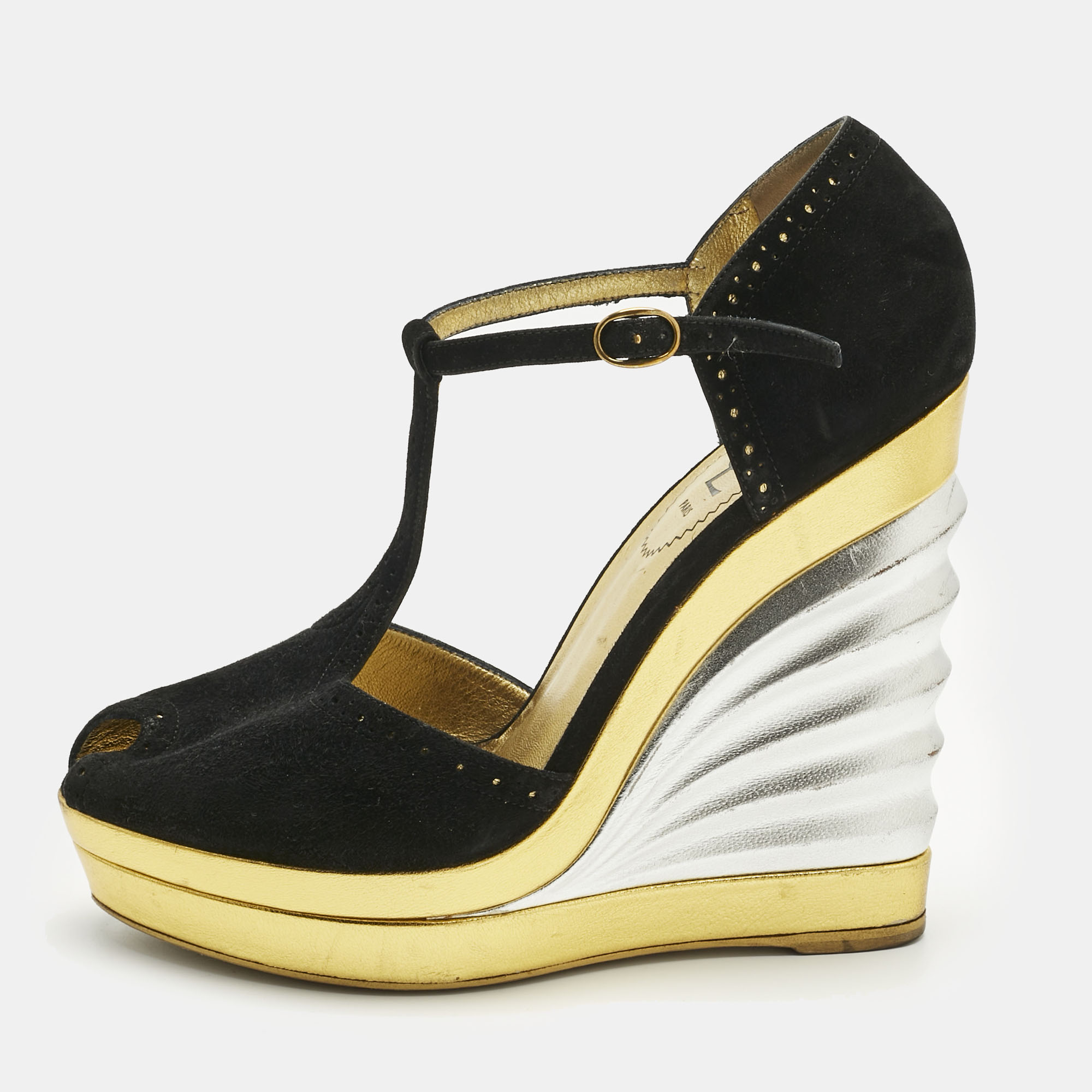 Pre-owned Saint Laurent Black Suede Wedge Pumps Size 38