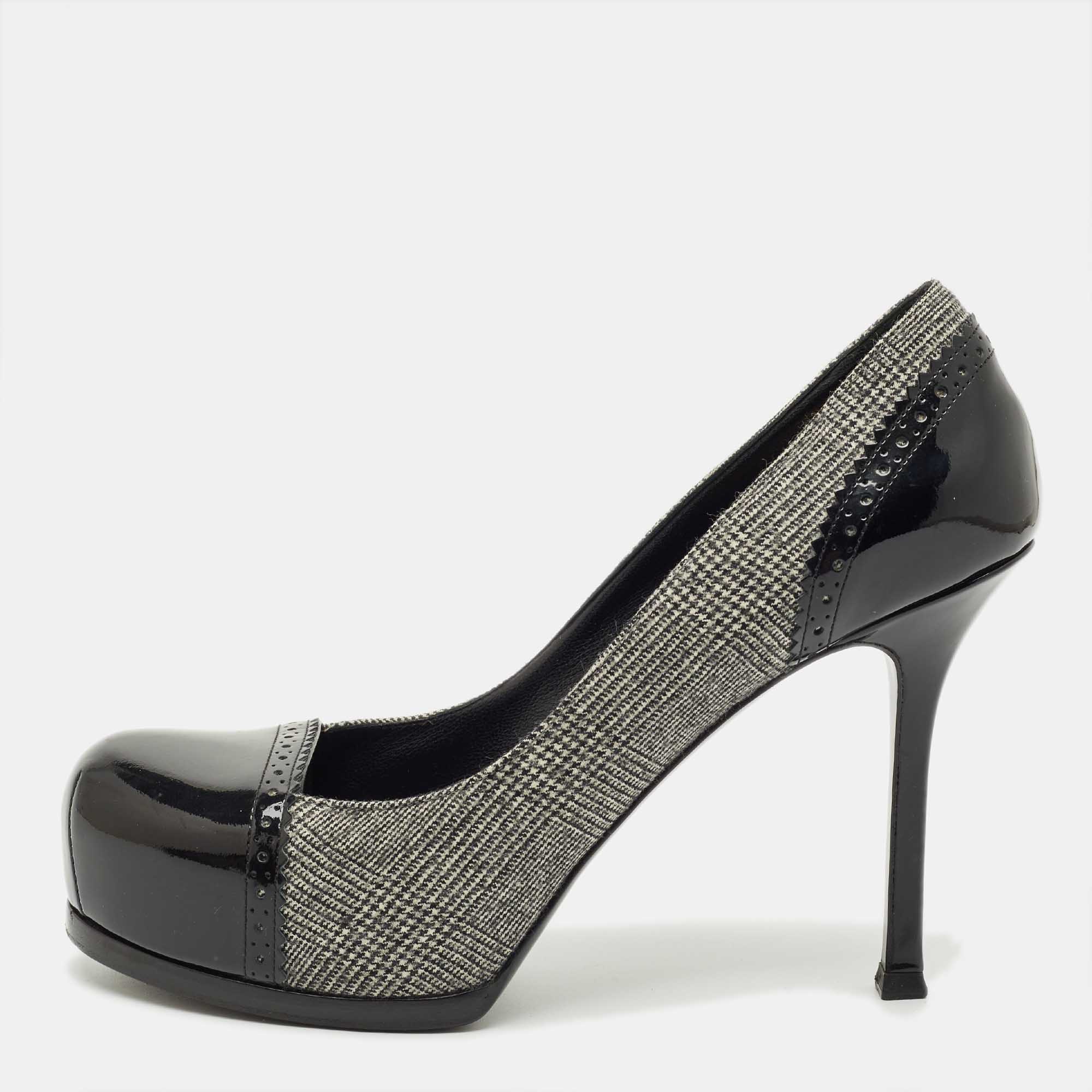 Pre-owned Saint Laurent Black/grey Tweed And Patent Leather Platform Pumps Size 37.5