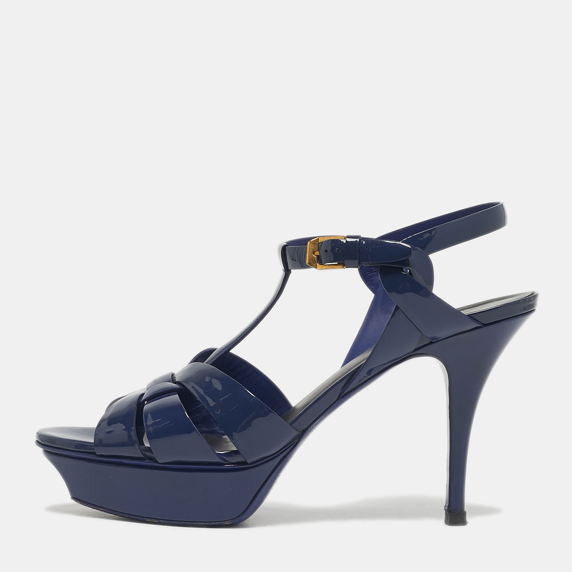 Pre-owned Saint Laurent Navy Blue Patent Leather Tribute Platform Sandals Size 39