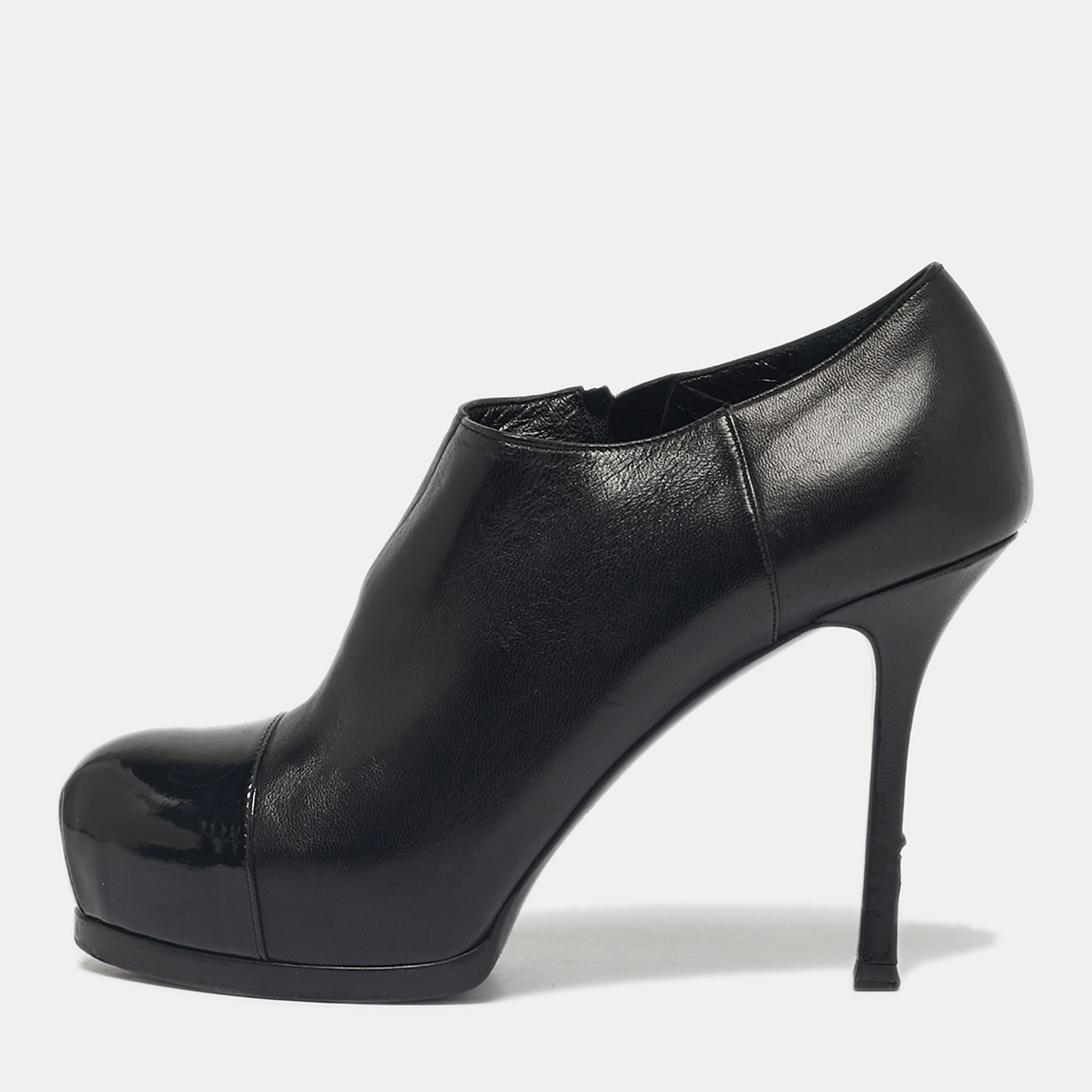 Pre-owned Saint Laurent Black Patent Leather Tribute Booties Size 37.5