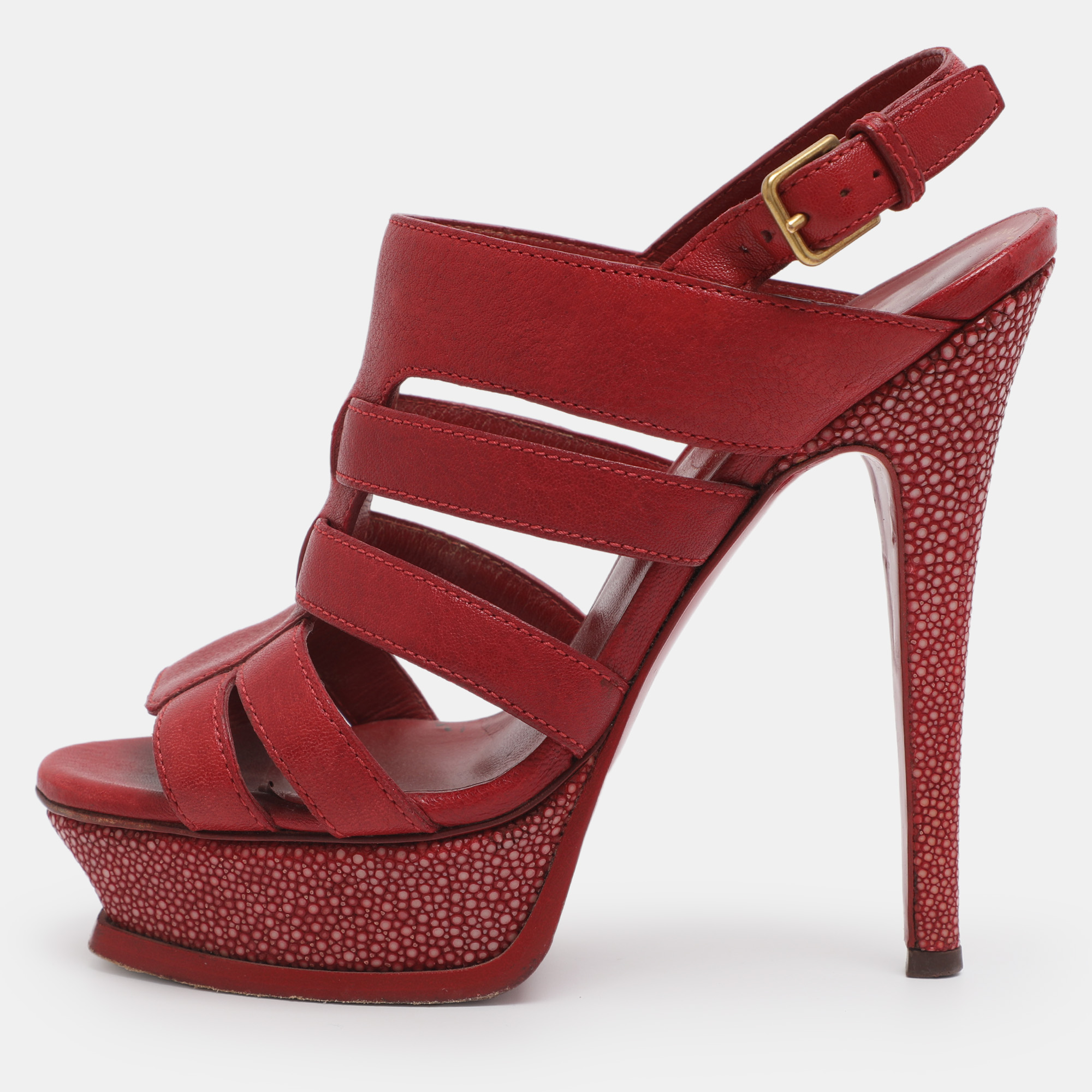 

Yves Saint Laurent Tribute Size 35 Red Leather and Stingray Leather Platform Sandals
