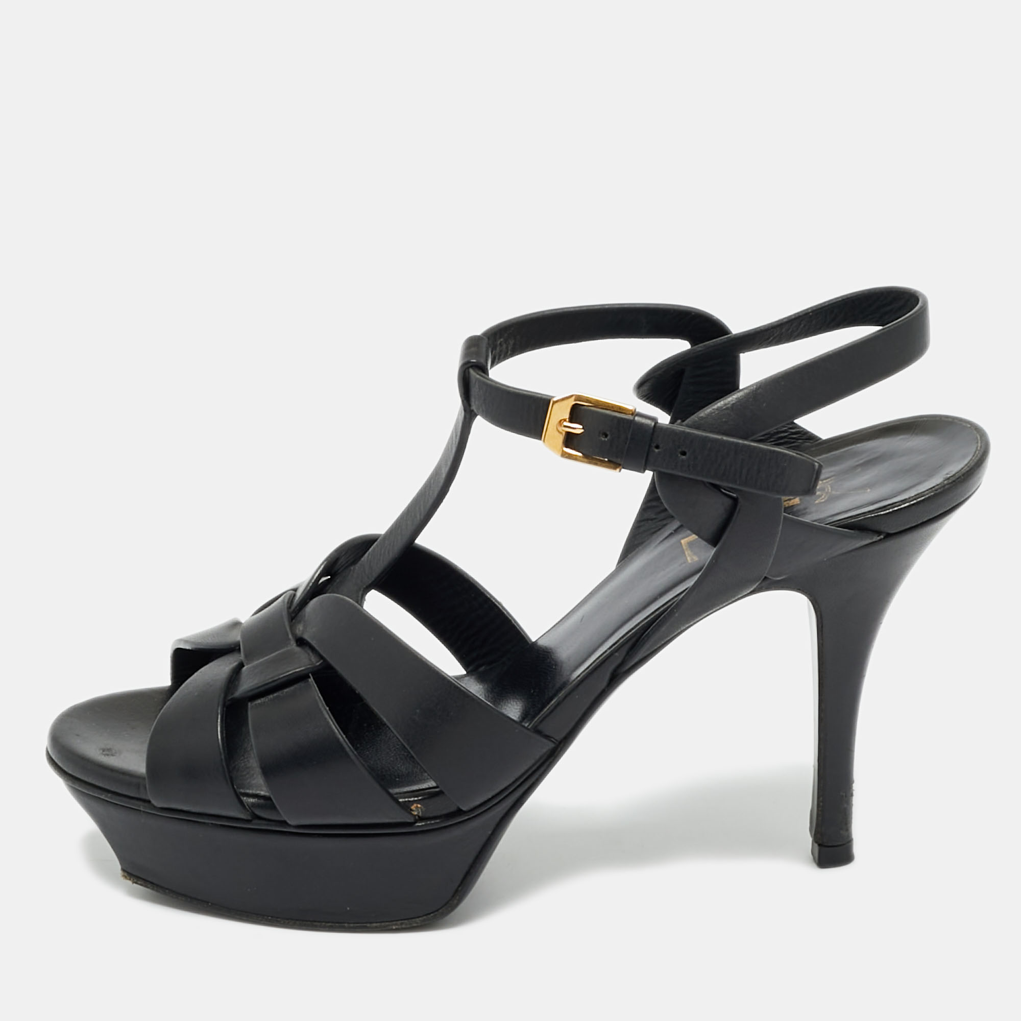 

Yves Saint Laurent Tribute Size  Black Leather Platform Sandals