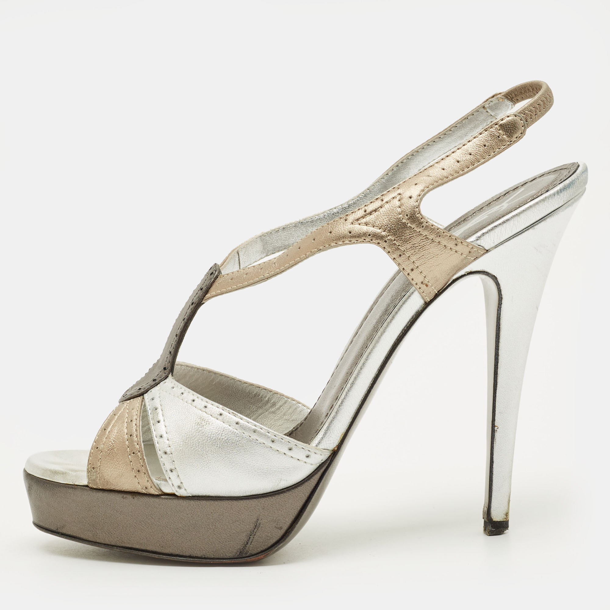 

Yves Saint Laurent Size  Silver Leather Ankle Strap Sandals