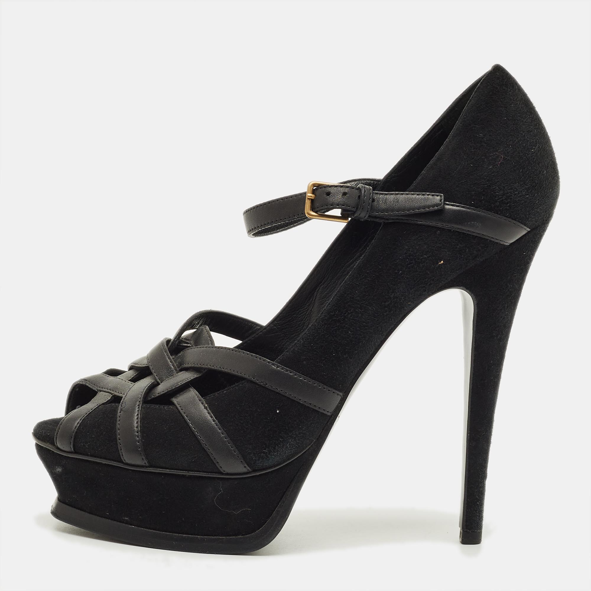 

Yves Saint Laurent Size  Black Leather and Suede Strappy Platform Pumps