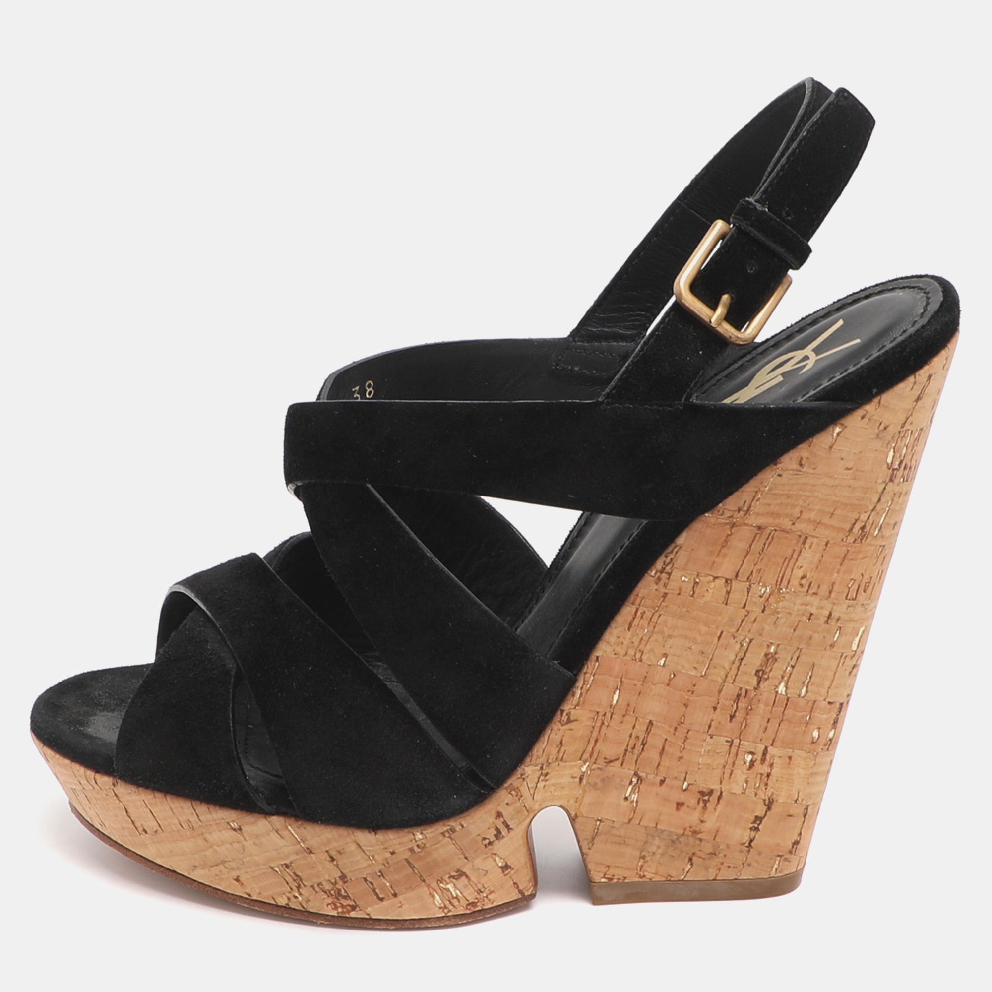 

Yves Saint Laurent Deauville Size  Black Suede Cork Wedge Slingback Sandals