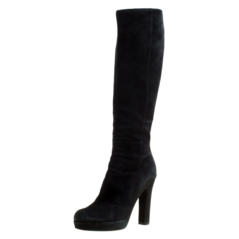 Pre Owned Saint Laurent Black Suede Block Heel Knee Length Platform Boots Size 40