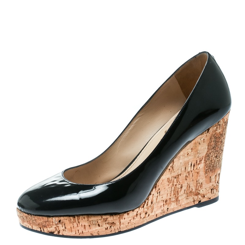Pre Owned Saint Laurent Paris Black Patent Leather Cork Wedge Platform Pumps Size 38