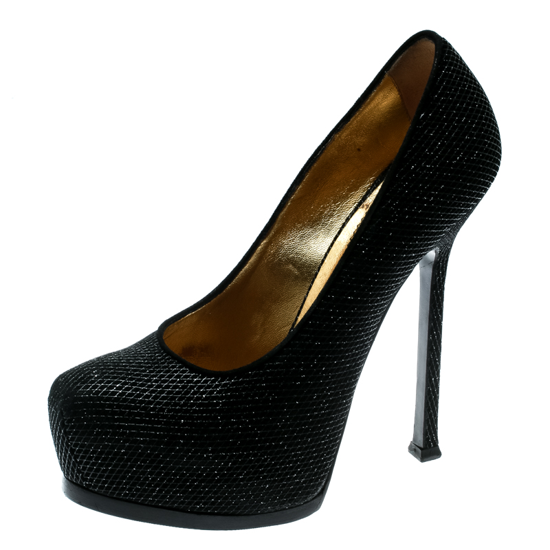 Pre Owned حذاء كعب عالي ايف سان لوران تريبتو سويدي منقوش أسود مقاس 37