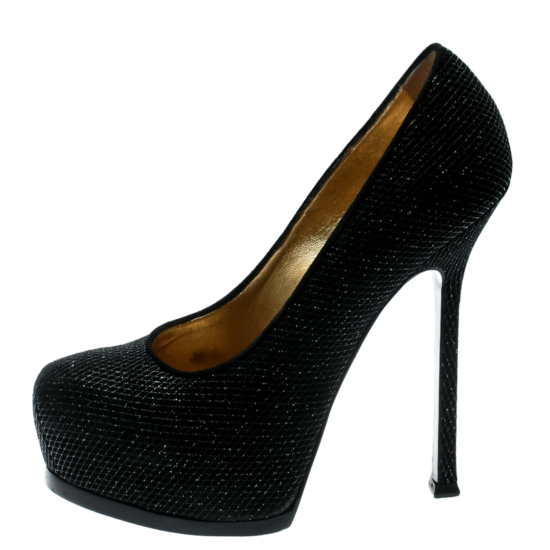 

Yves Saint Laurent Black Textured Suede Tribtoo Platform Pumps Size