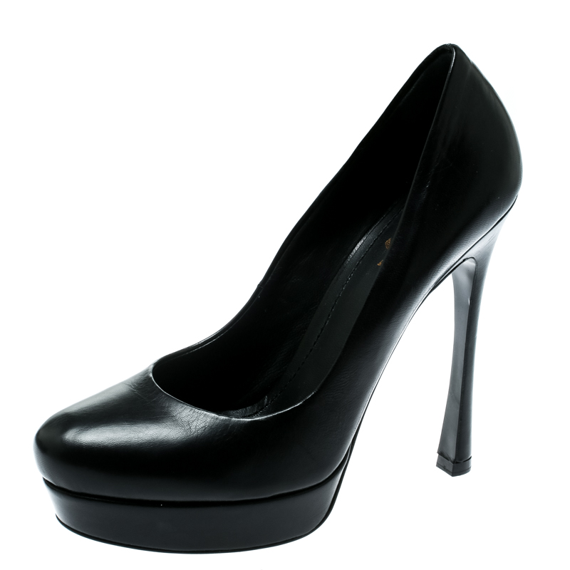 حذاء كعب عالي سان لوران باريس نعل سميك تريبيوت جلد أسود مقاس 38.5