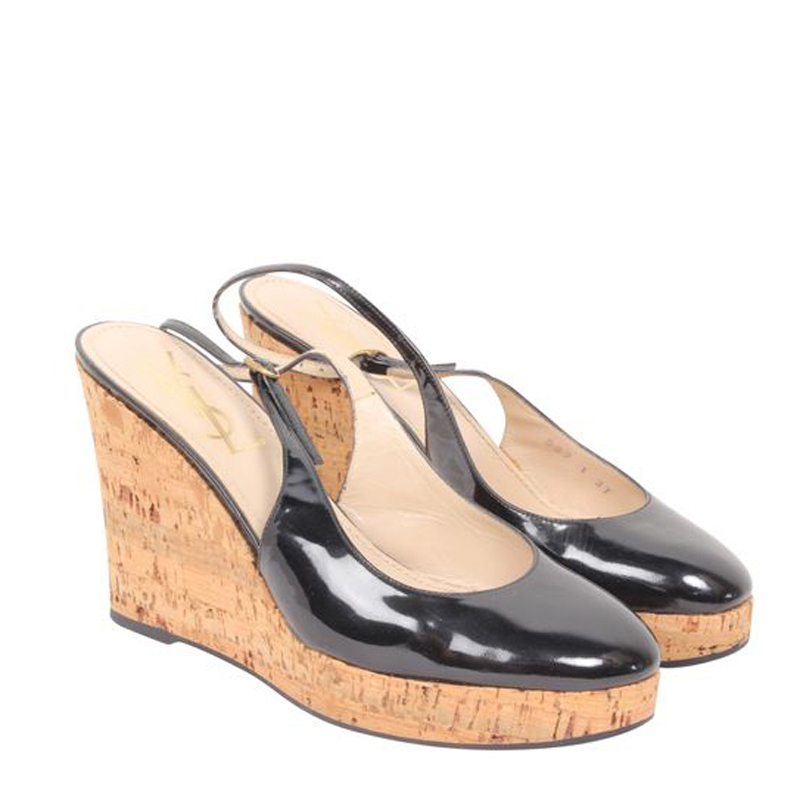 

Saint Laurent Black Patent Leather Wedge Sandals Size