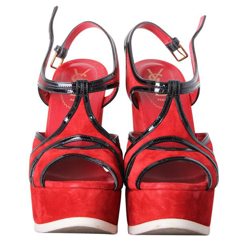 

Saint Laurent Red/Black Suede And Patent Leather Riviera Slingback Wedge Sandals Size