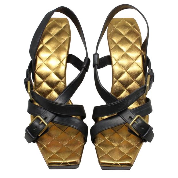 

Saint Laurent Gold/Black Leather Lolita Sandals Size