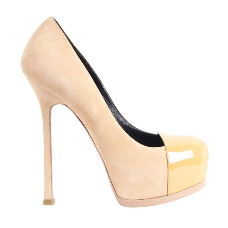Pre-owned Saint Laurent Nude Suede And Patent Leather Toe Tribute Pumps Size 36.5 In Beige