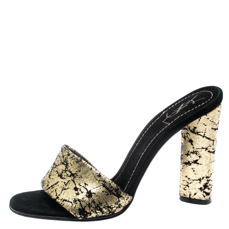 

Saint Laurent Paris Metallic Gold/Black Suede Block Heel Sandals Size