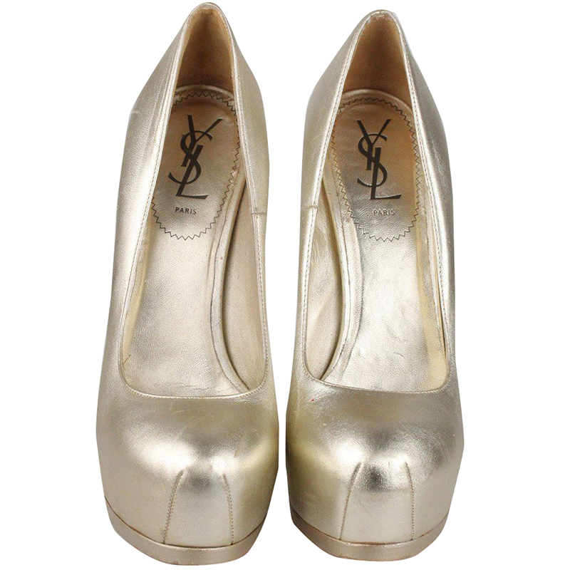 

Saint Laurent Gold Metal Leather Tribtoo Platform Pumps Size