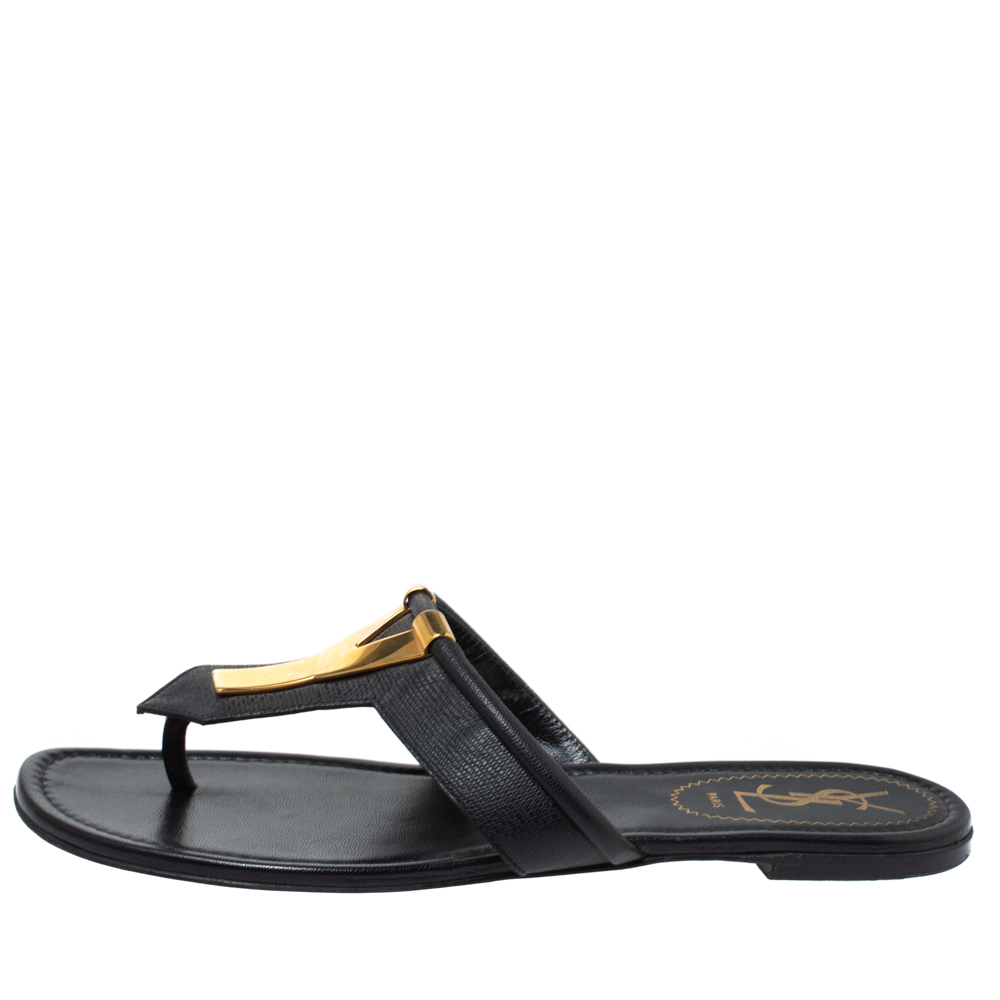 

Yves Saint Laurent Black Leather Ycon Thong Flat Sandals Size