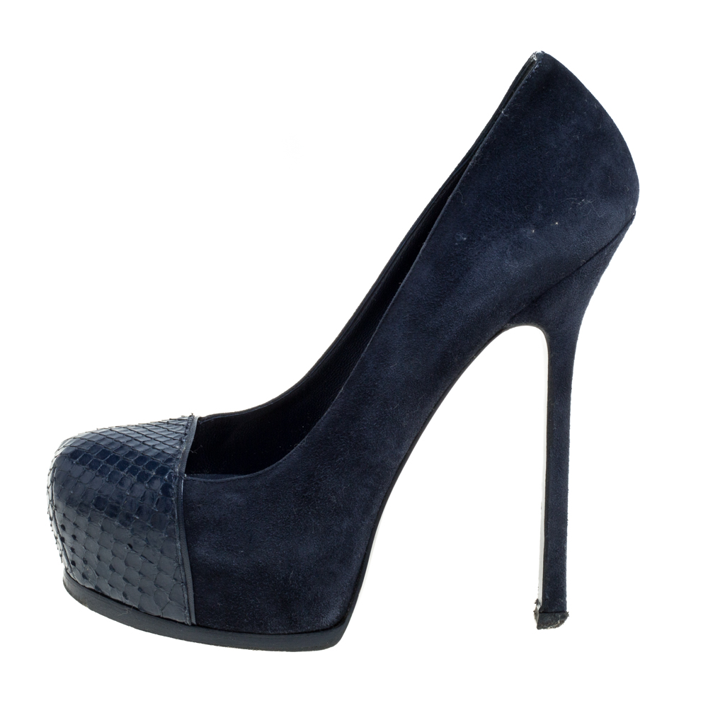 

Saint Laurent Blue Suede And Python Tribtoo Platform Pumps Size