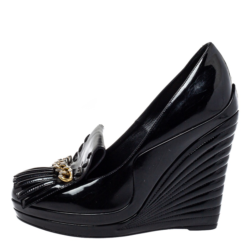 

Saint Laurent Paris Black Patent Leather Myranda Fringe Detail Wedge Pumps Size