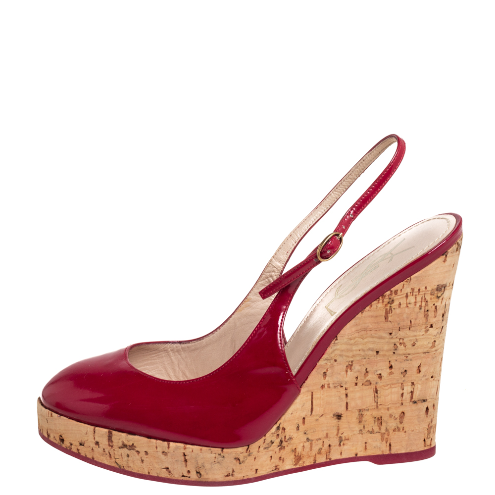 

Yves Saint Laurent Red Patent Leather Cork Wedge Slingback Sandals Size
