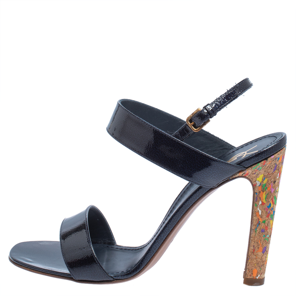 

Yves Saint Laurent Navy Blue Patent Leather Cork Heel Ankle Strap Sandals Size