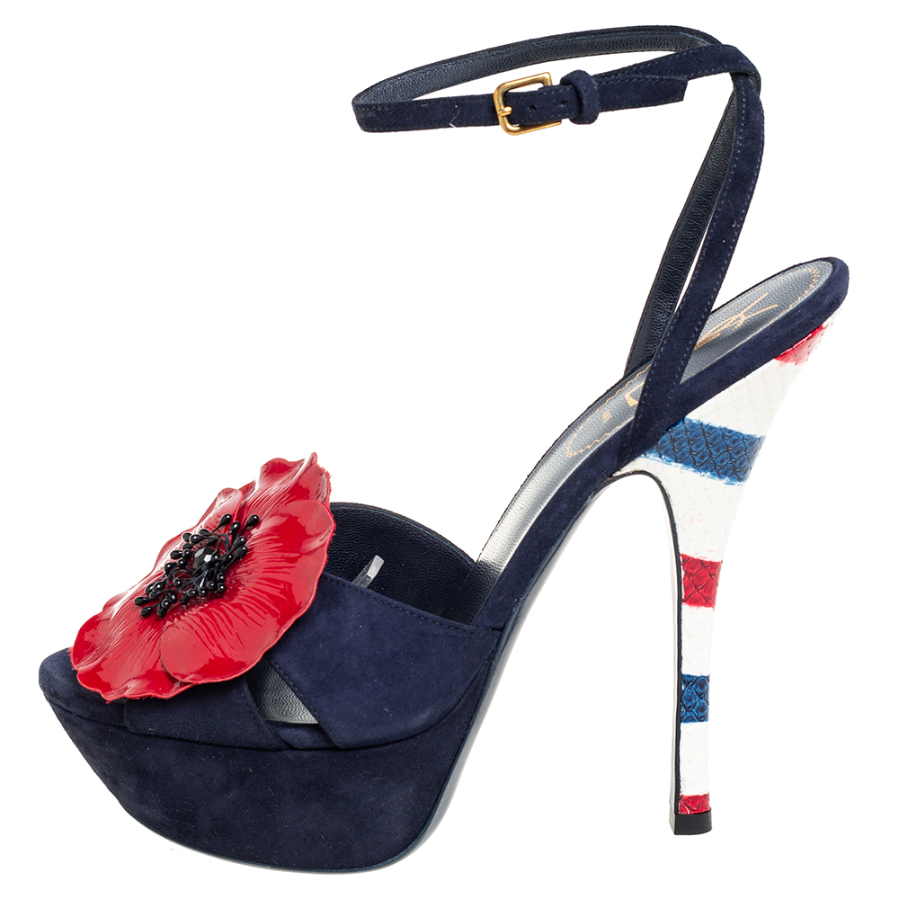 

Yves Saint Laurent Navy Blue Suede Flower Embellished Platform Ankle Strap Sandals Size