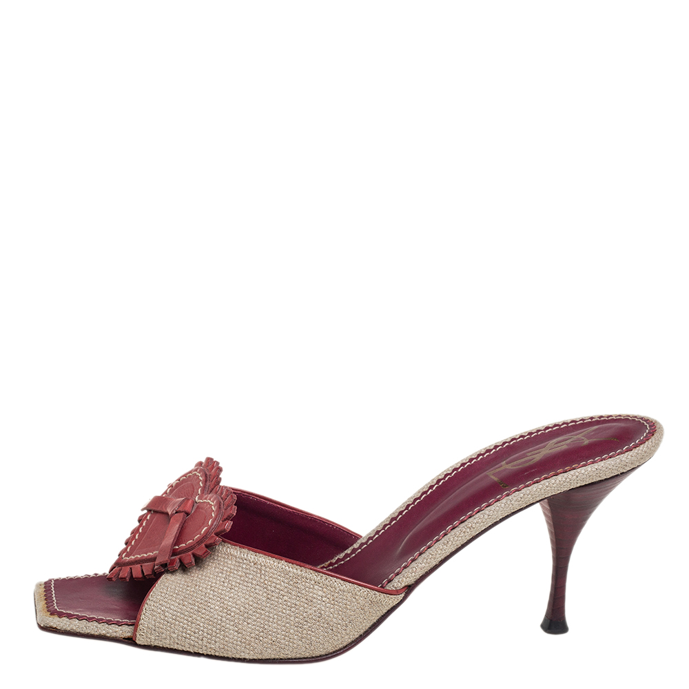 

Yves Saint Laurent Vintage Beige/Red Canvas And Leather Love Slide Sandals Size