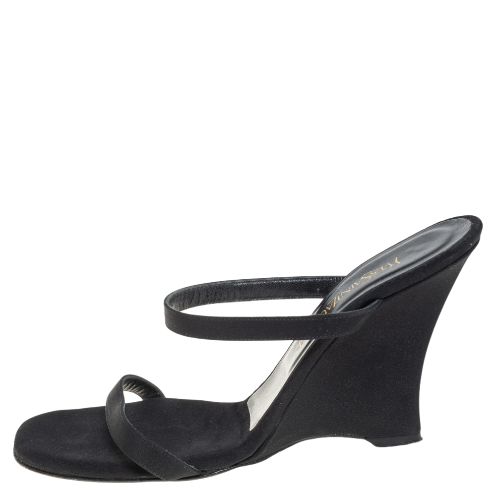 

Saint Laurent Black Satin Wedge Slide Sandals Size