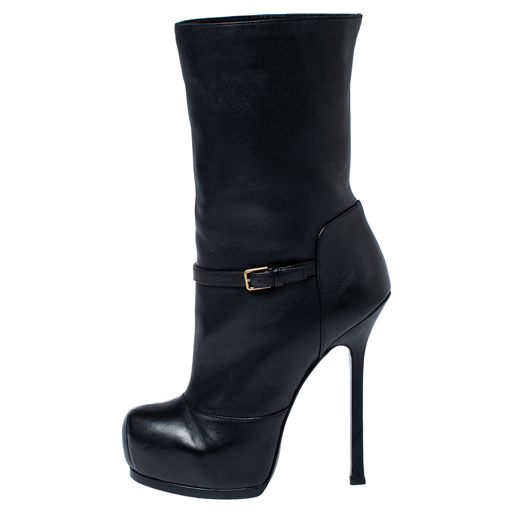 

Yves Saint Laurent Black Leather Tribtoo Platform Ankle Length Boots Size