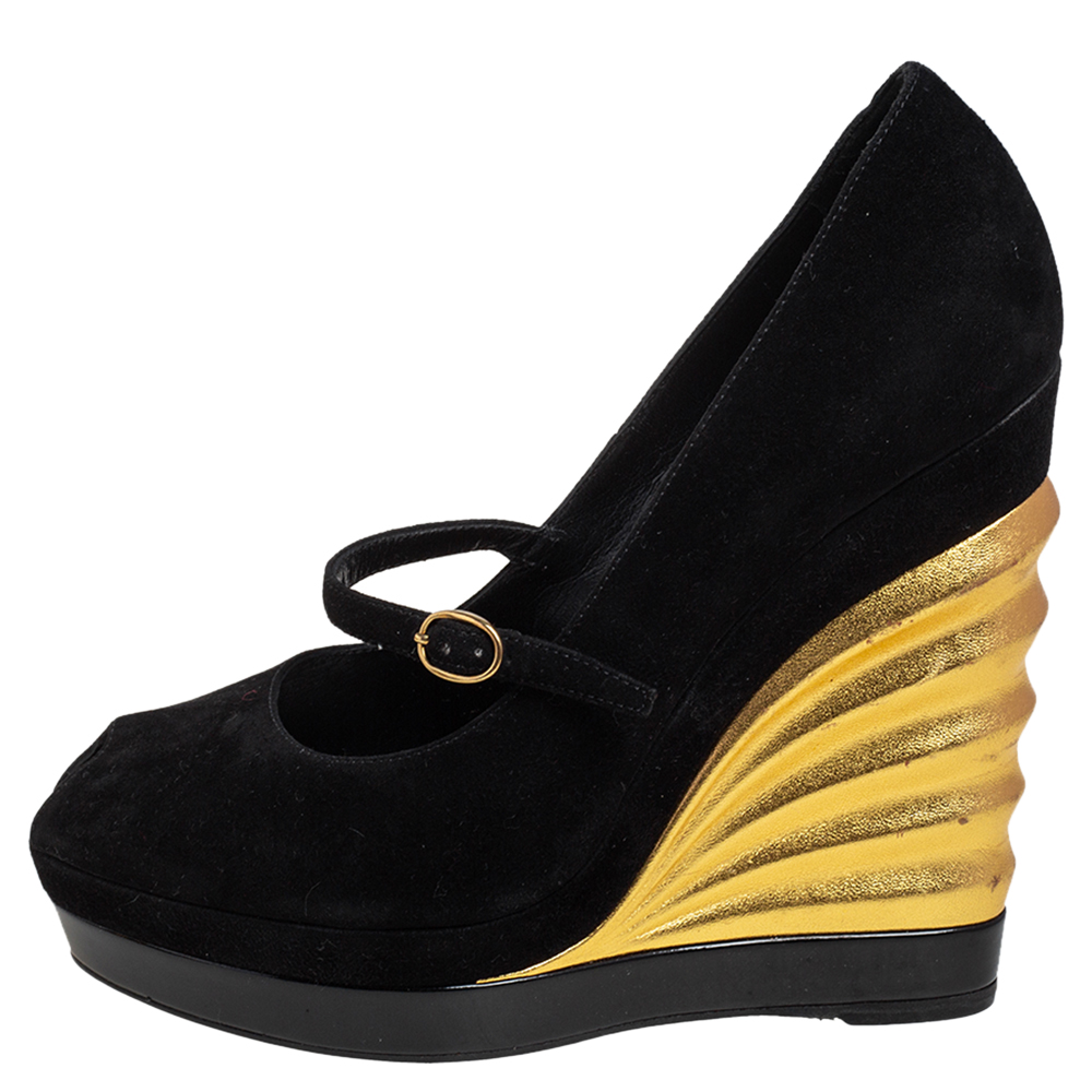 

Yves Saint Laurent Black Suede Robyn Peep Toe Wedge Pumps Size