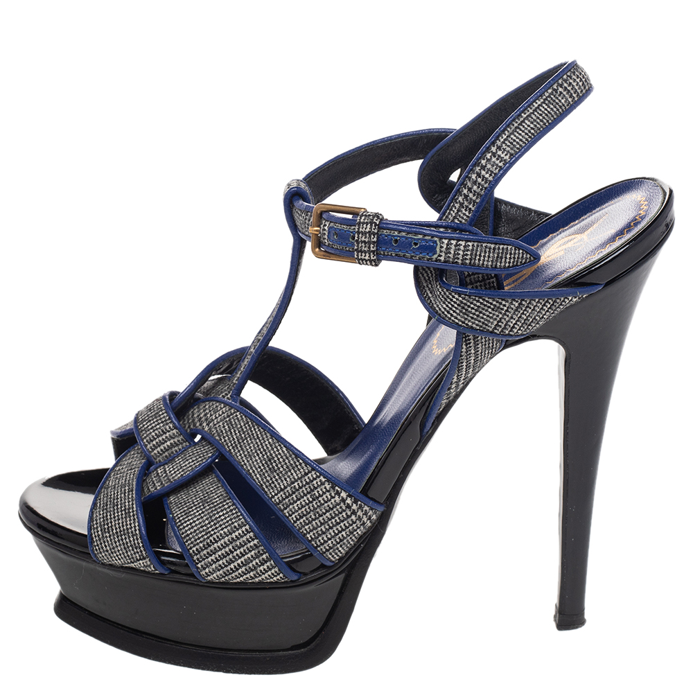 

Yves Saint Laurent Grey/Blue Fabric And Leather Tribute Platform Ankle Strap Sandals Size, Black