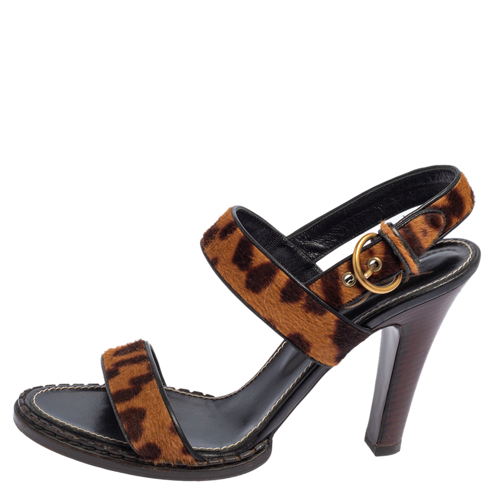 

Yves Saint Laurent Brown Animal Print Calf Hair Open Toe Ankle Strap Sandals Size