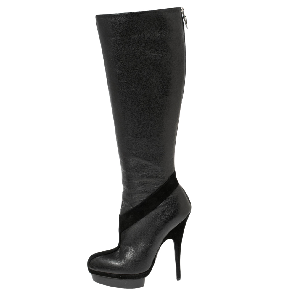 

Yves Saint Laurent Black Suede And Leather Platform Knee-High Boots Size