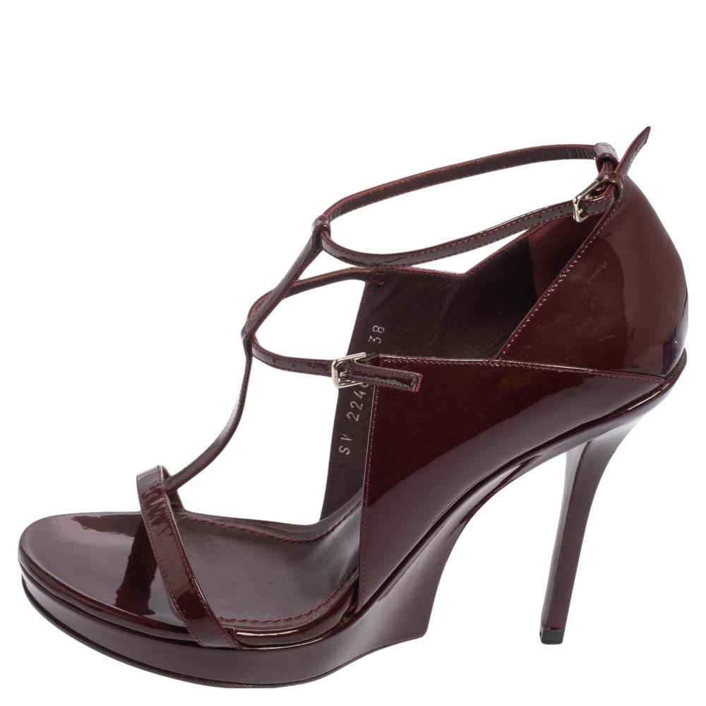 

Saint Laurent Burgundy Patent Leather Ankle Strap Open Toe Sandals Size
