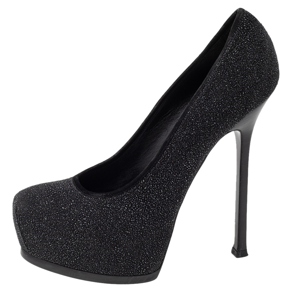 

Yves Saint Laurent Black Glitter Tribtoo Platform Pumps Size