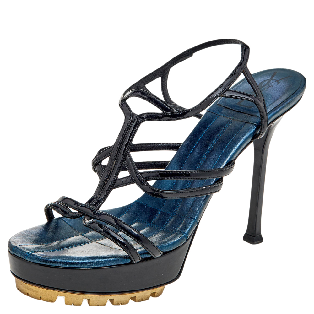 

Yves Saint Laurent Black Patent Leather Strappy Platform Sandals Size