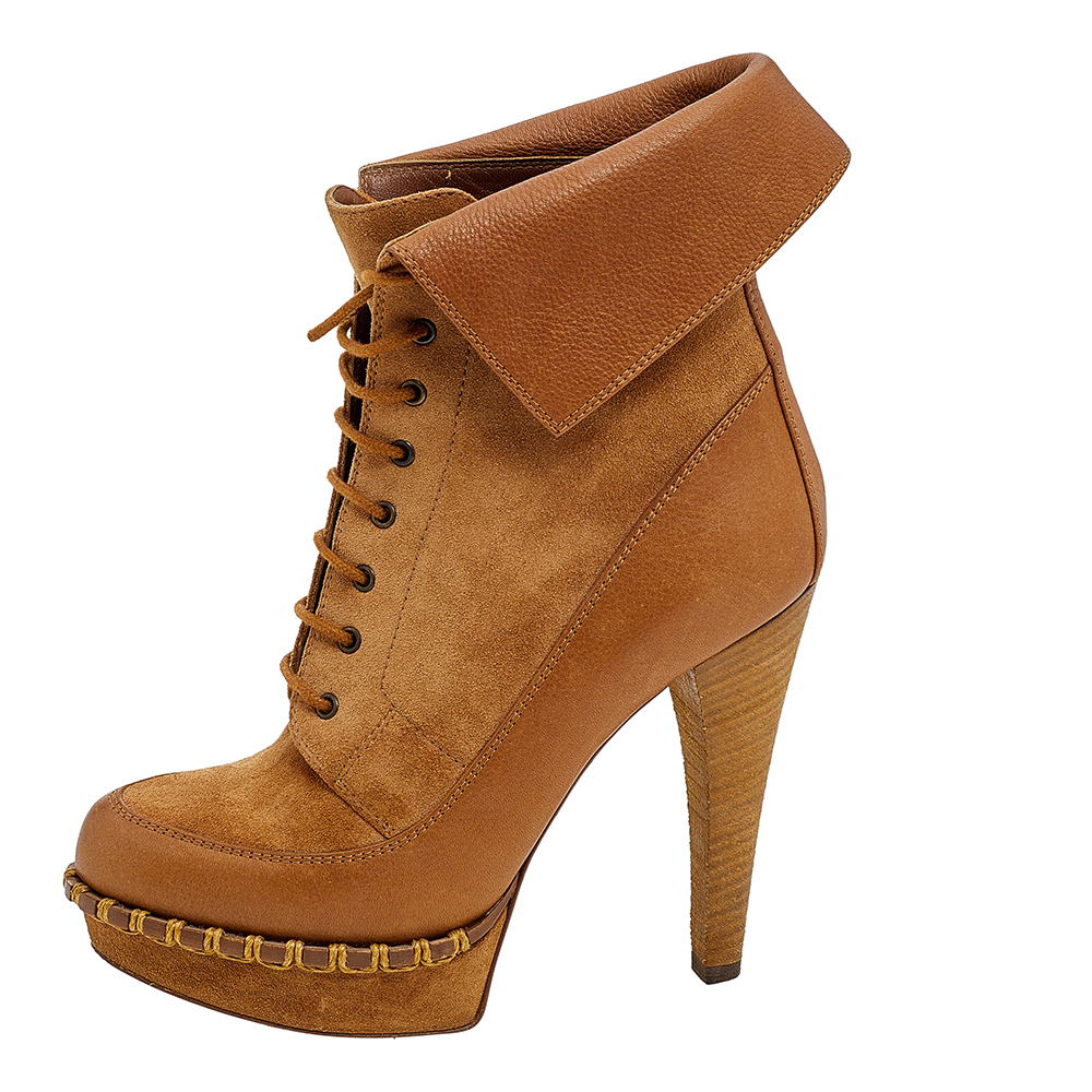 

Yves Saint Laurent Brown Suede and Leather Platform Ankle Boots Size