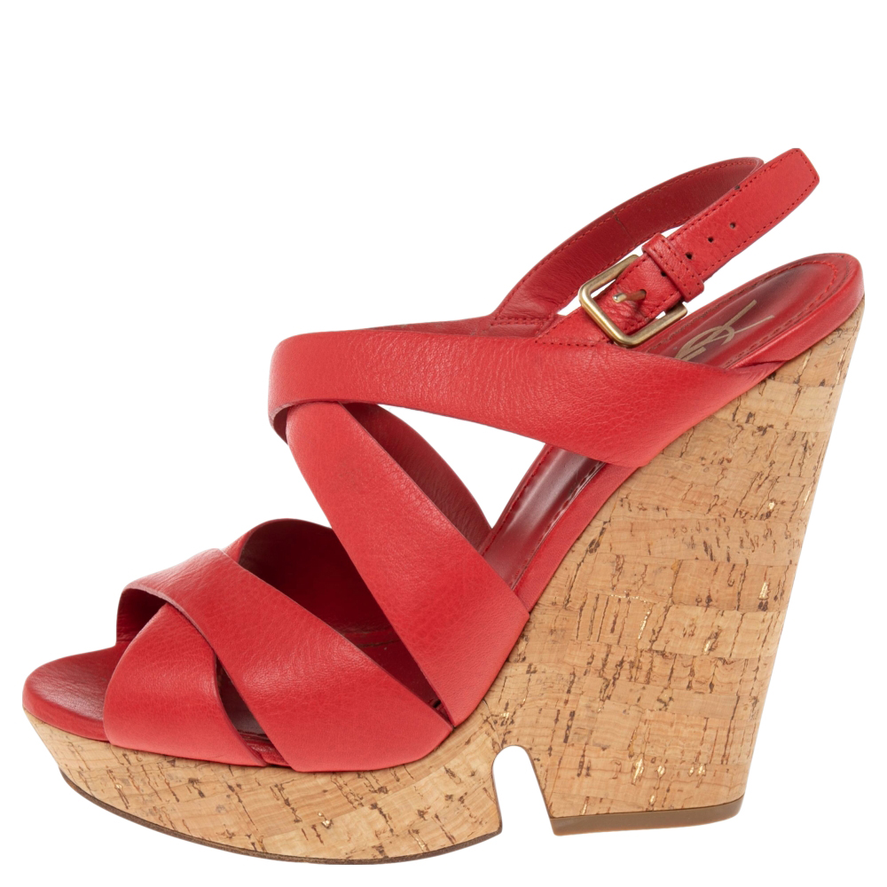 

Yves Saint Laurent Red Leather Deauville Cork Wedge Slingback Sandals Size