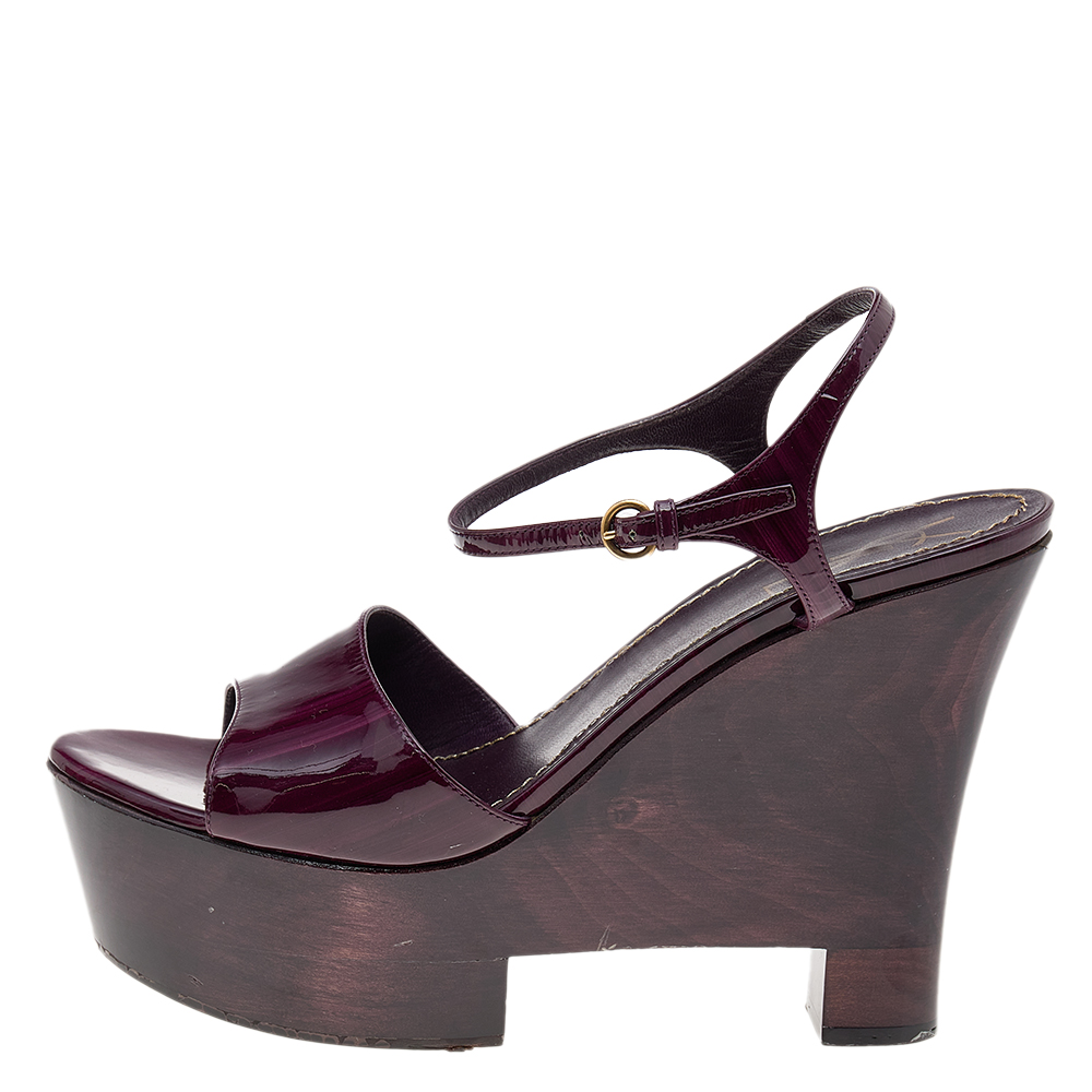 

Yves Saint Laurent Purple Patent Leather Ankle Strap Platform Wedge Sandals Size