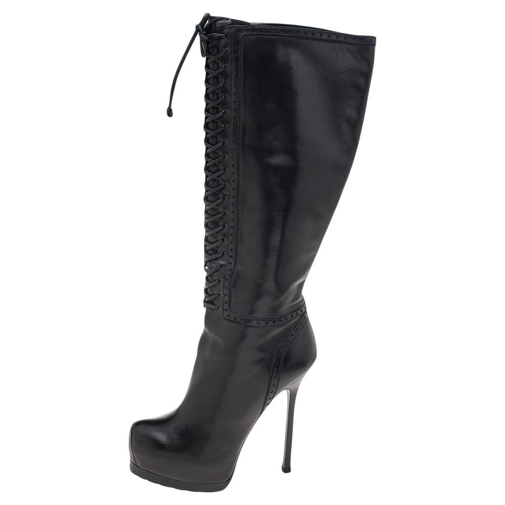 

Yves Saint Laurent Black Leather Tribtoo Platform Knee Length Boots Size