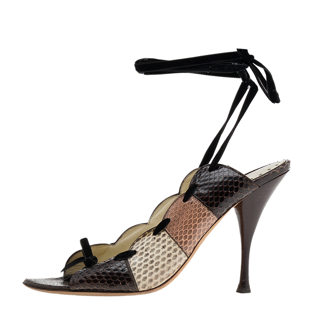 

Yves Saint Laurent Multicolor Python Ankle Wrap Sandals Size