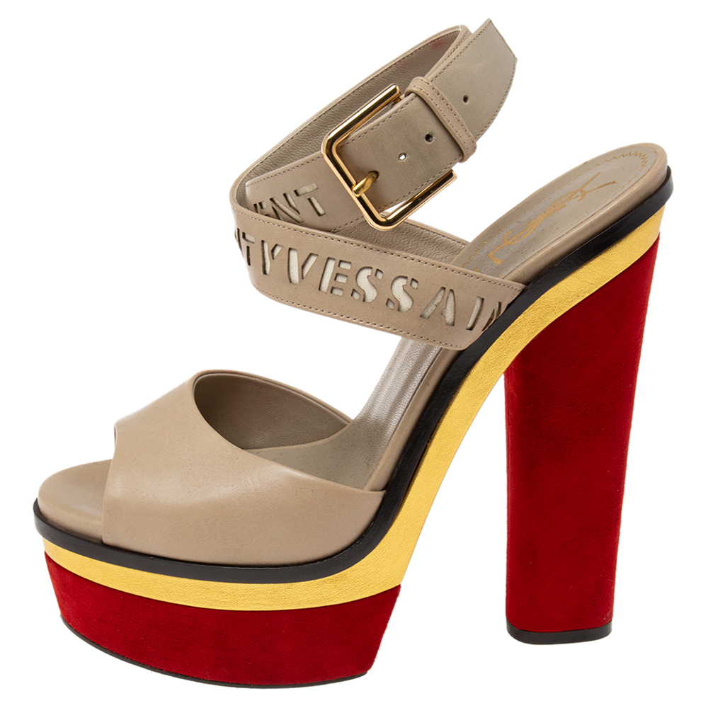 

Yves Saint Laurent Multicolor Leather And Suede Platform Ankle Wrap Sandals Size