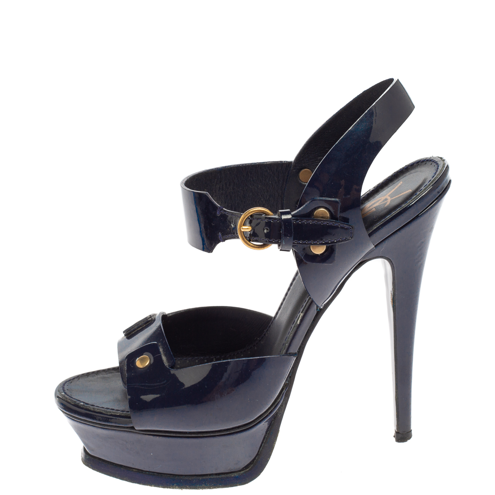 

Yves Saint Laurent Navy Blue Patent Leather Platform Ankle Sandals Size