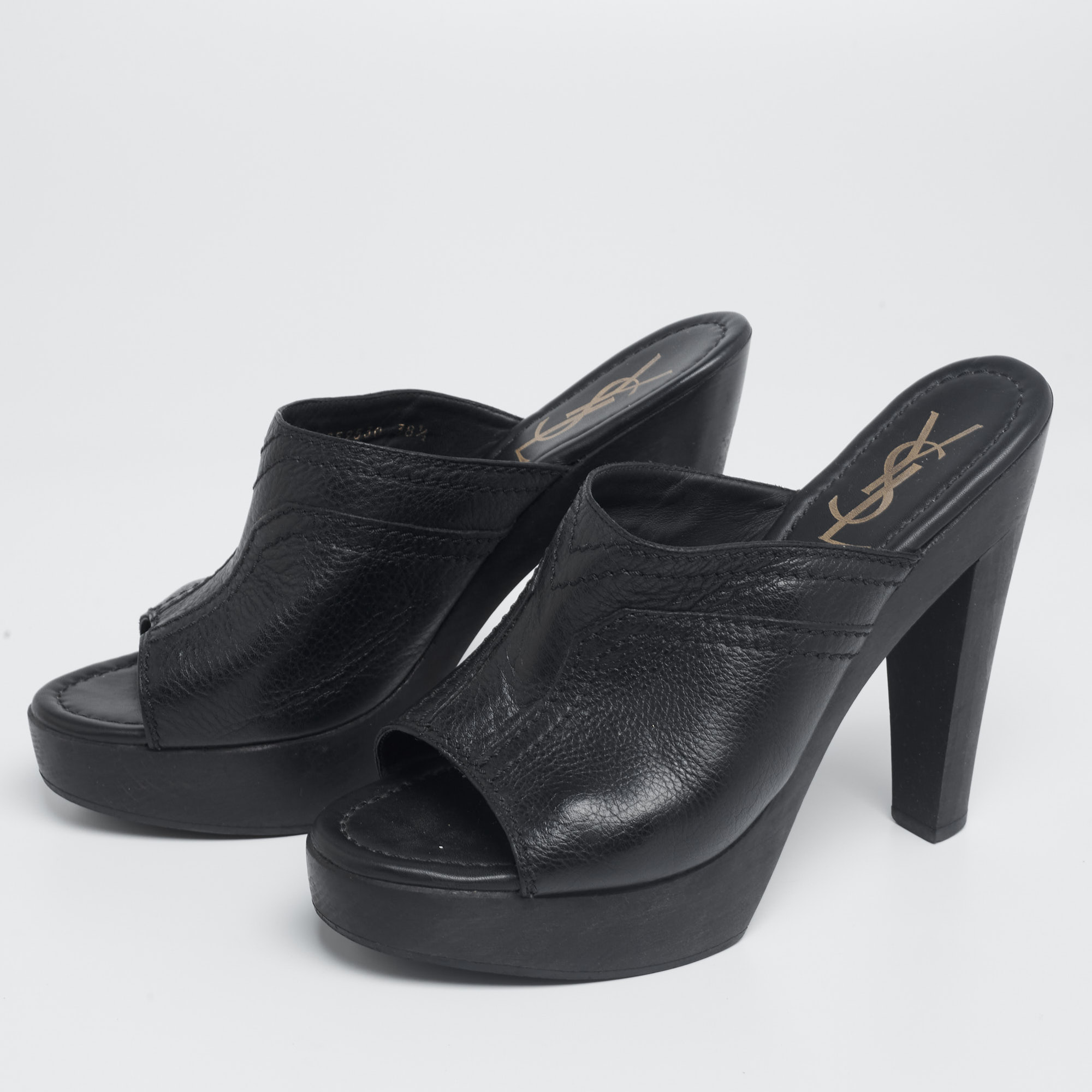 

Yves Saint Laurent Black Leather Open Toe Wood Heel Sandals Size