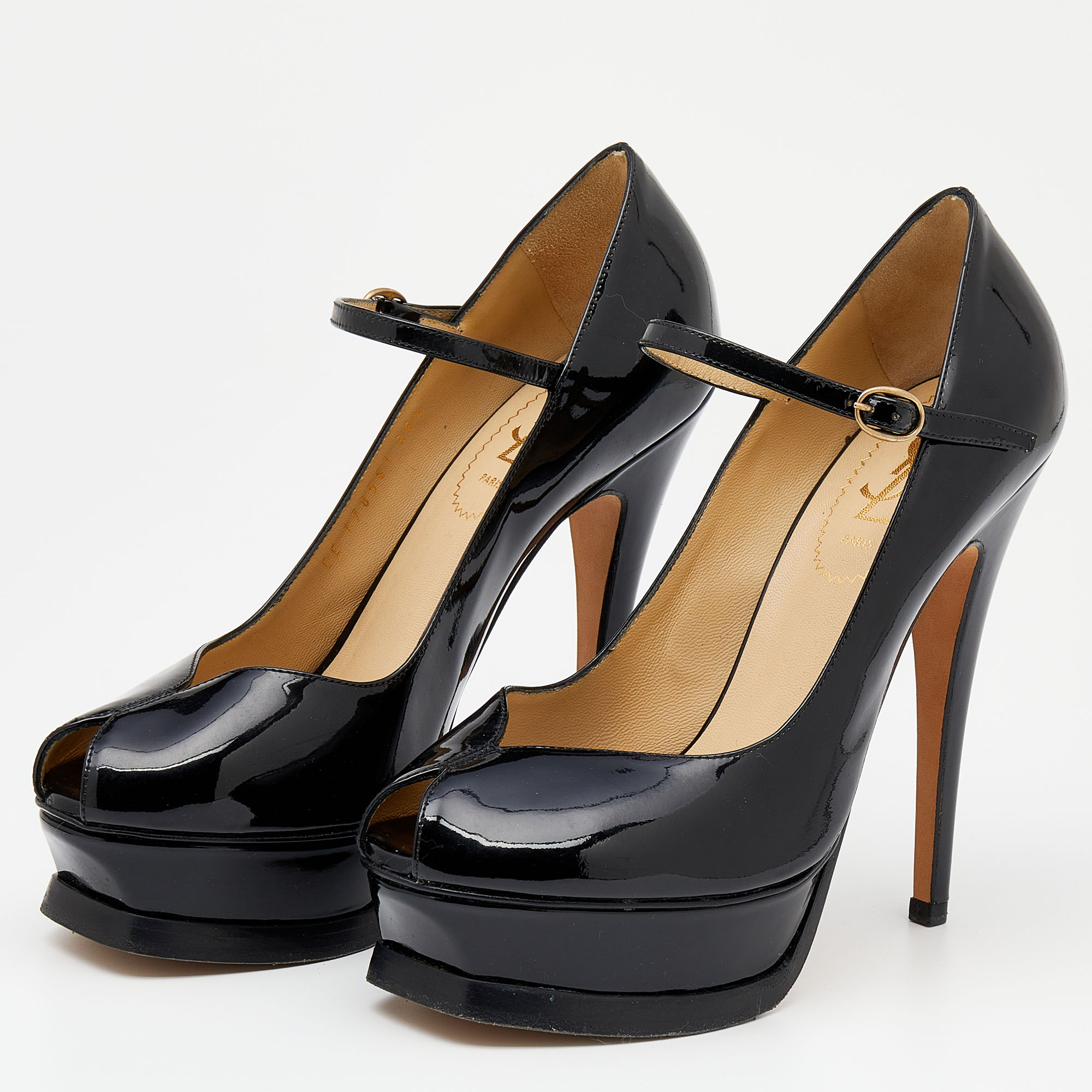 

Yves Saint Laurent Black Patent Leather Peep Toe Platform Mary Jane Pumps Size