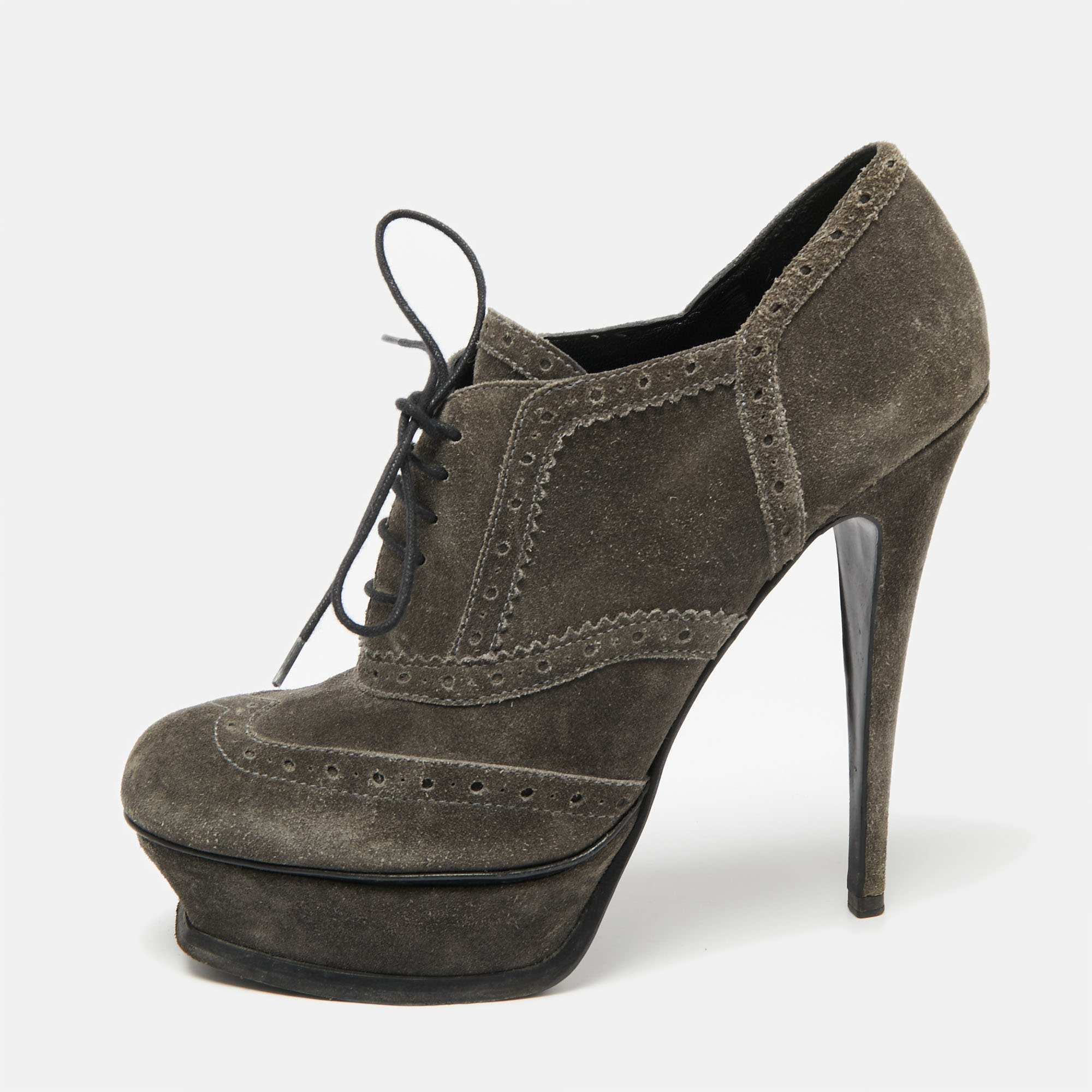 Pre-owned Saint Laurent Grey Suede Janis Booties Size 39.5