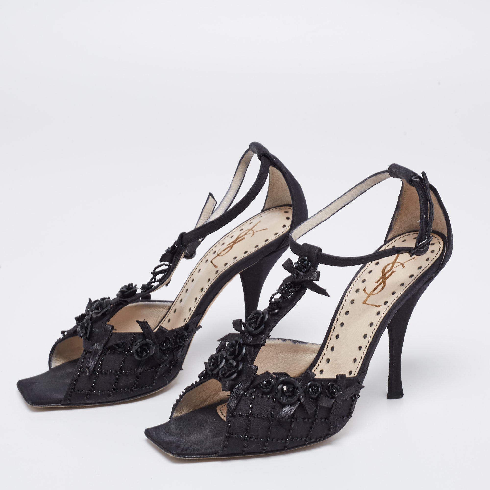 

Saint Laurent Black Fabric Embellished Floral T-Strap Open Toe Sandals Size