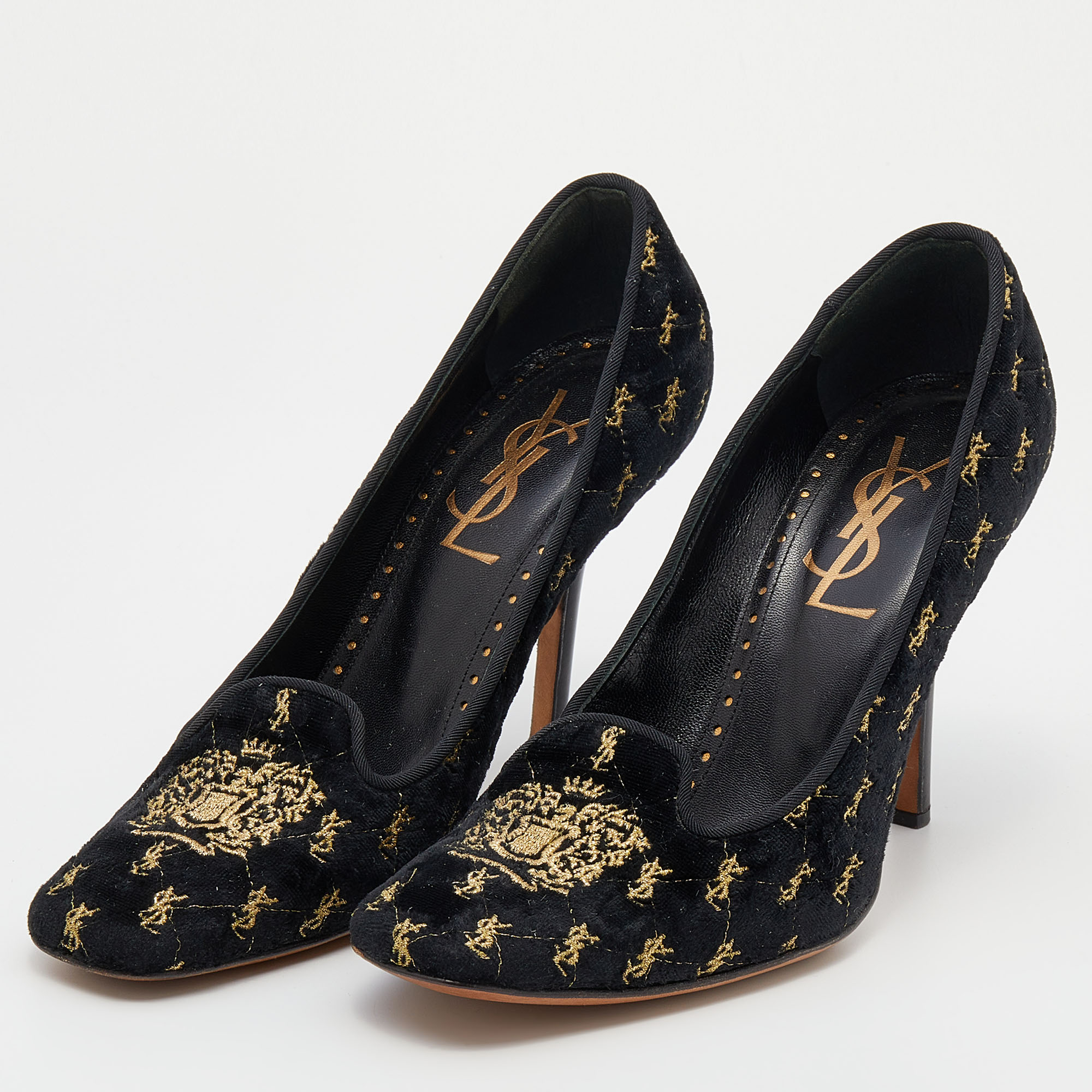 

Yves Saint Laurent Black Embroidered Velvet Pumps Size
