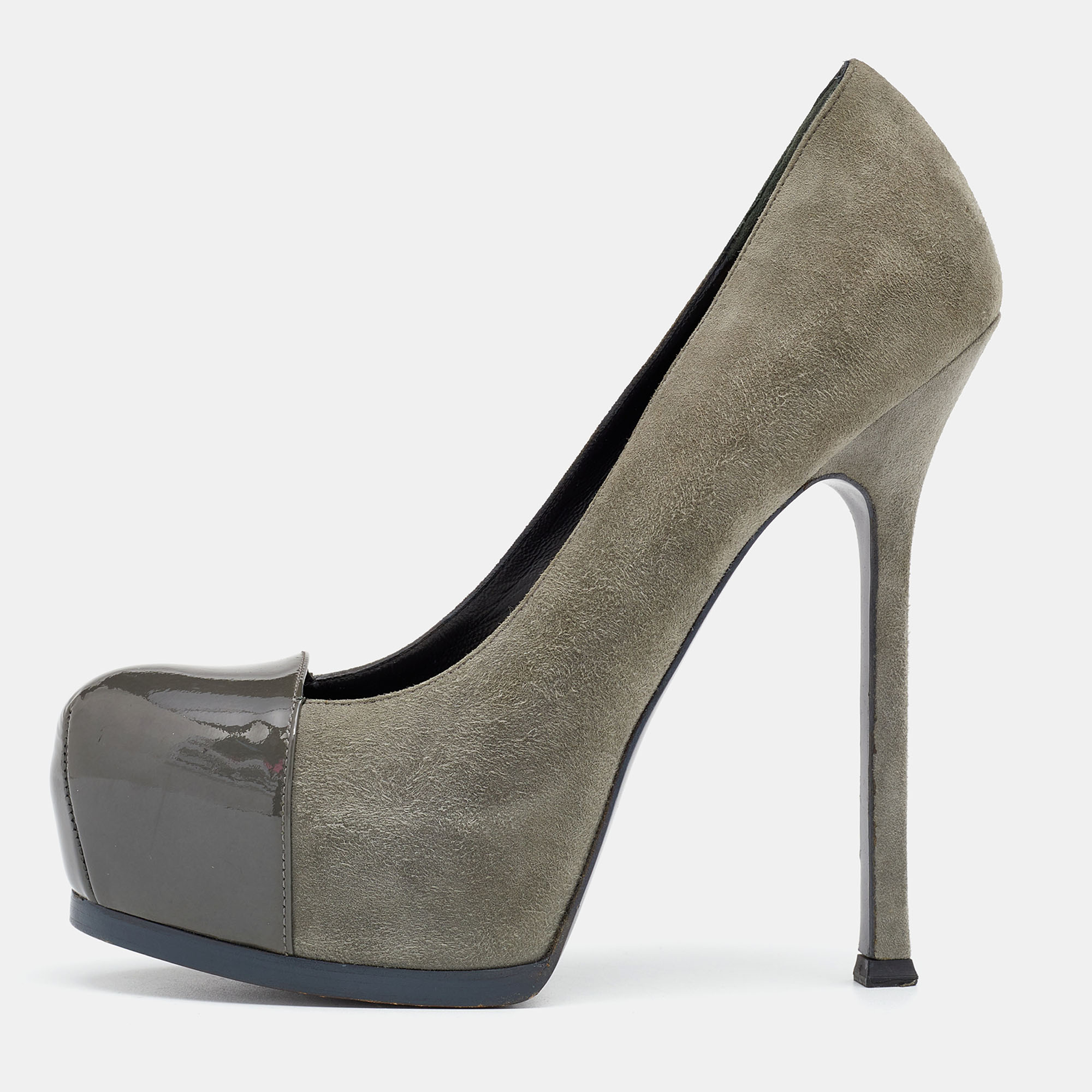 

Yves Saint Laurent Grey Suede And Patent Leather Tribtoo Platform Pumps Size