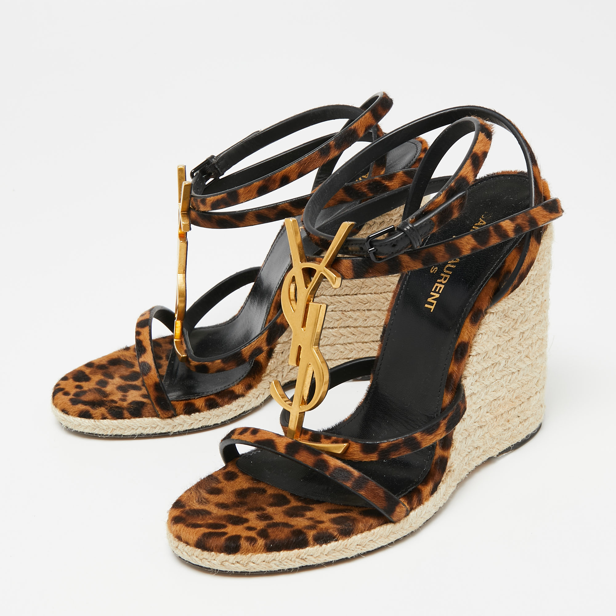 

Saint Laurent Brown Leopard Pony Hair Espadrille Wedge Ankle Strap Sandals Size